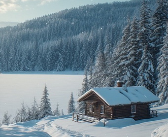 A cabin beside a lake in winter, deep snow and forest all around