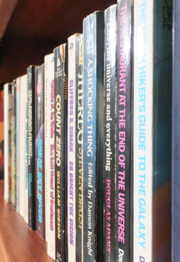 Looking down a long row of books